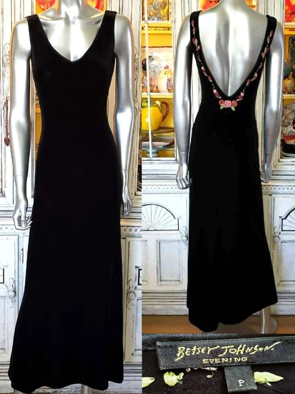 Vintage Betsey Johnson Slip Dress Evening 90s Black Velvet Backless Rose Floral - Picture 2 of 16